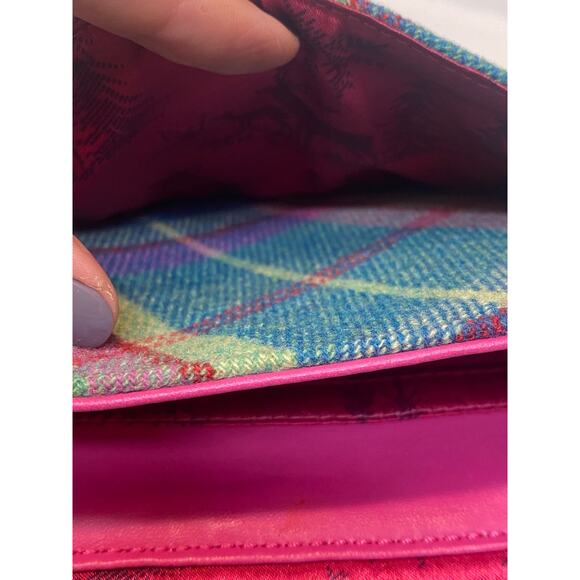 NESS Wool Rich Check Crossbody Bag Satchel Messenger Shoulder Pink Leather Trim - Picture 11 of 16